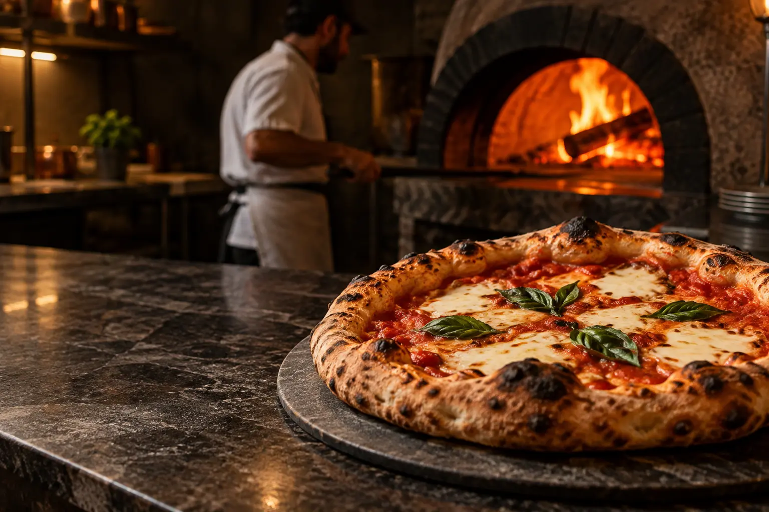 Pizza artesanal diante de um forno a lenha