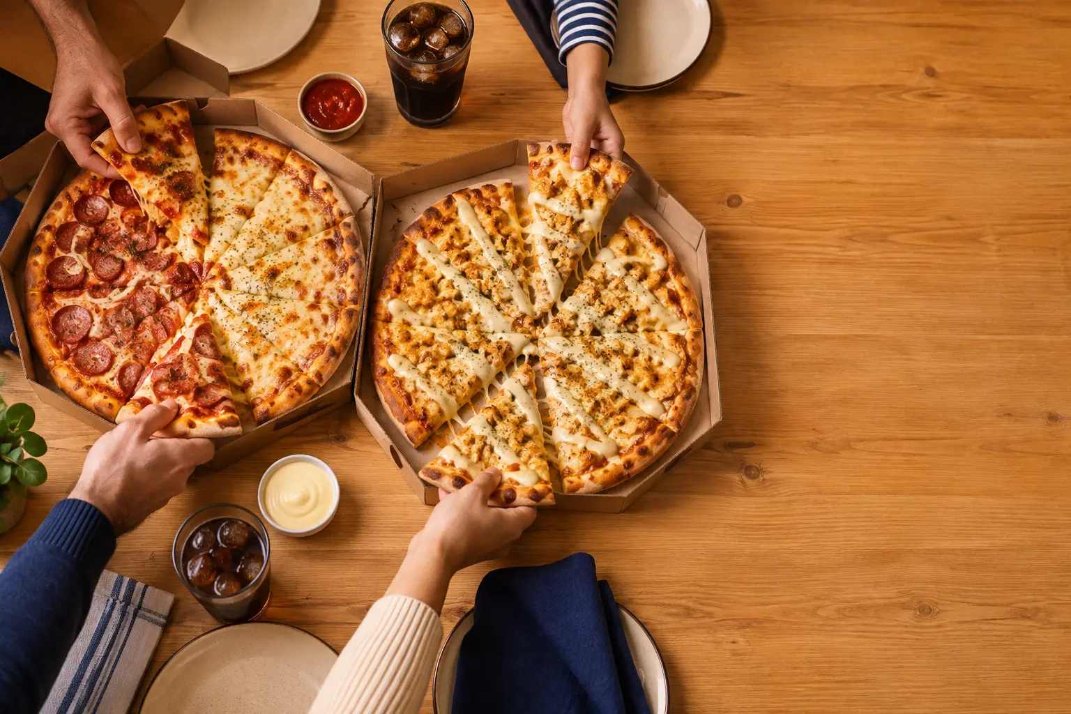 Família compartilhando pizzas em casa